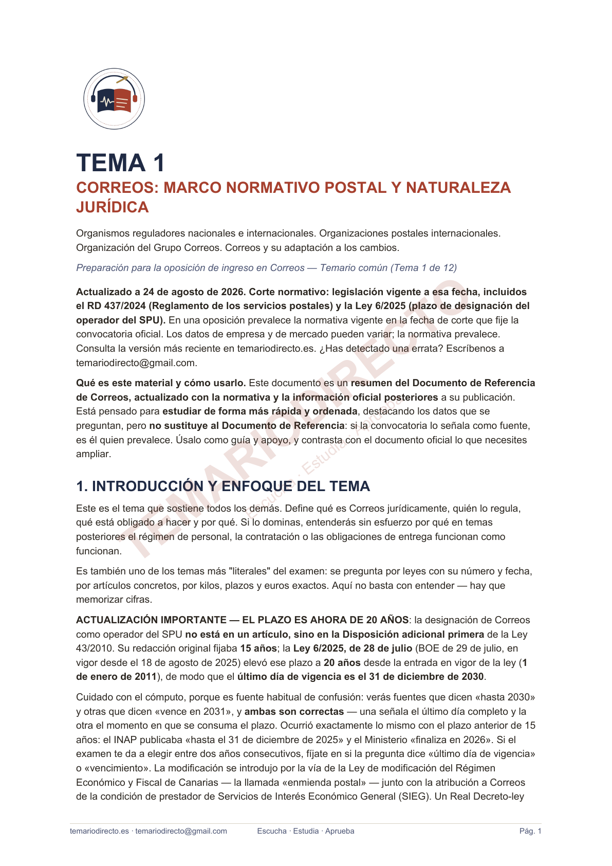 Primera página real del Tema 1 de Correos, con fecha de actualización y ejemplos de contenido